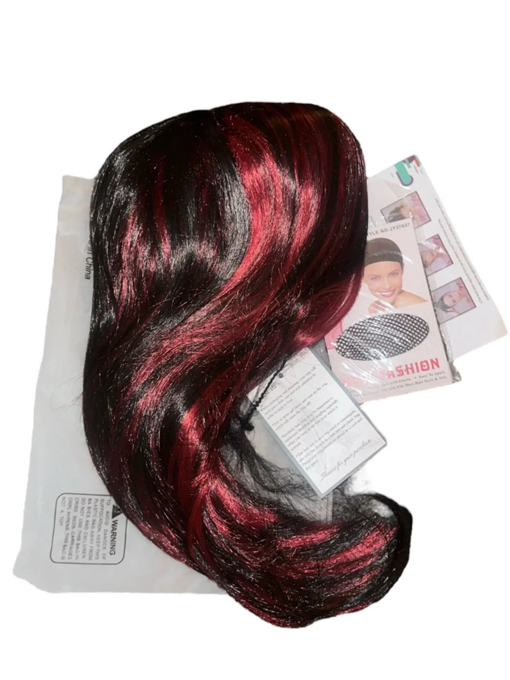 Black Wig with Red Highlights - Stylish Layered Women's Hair